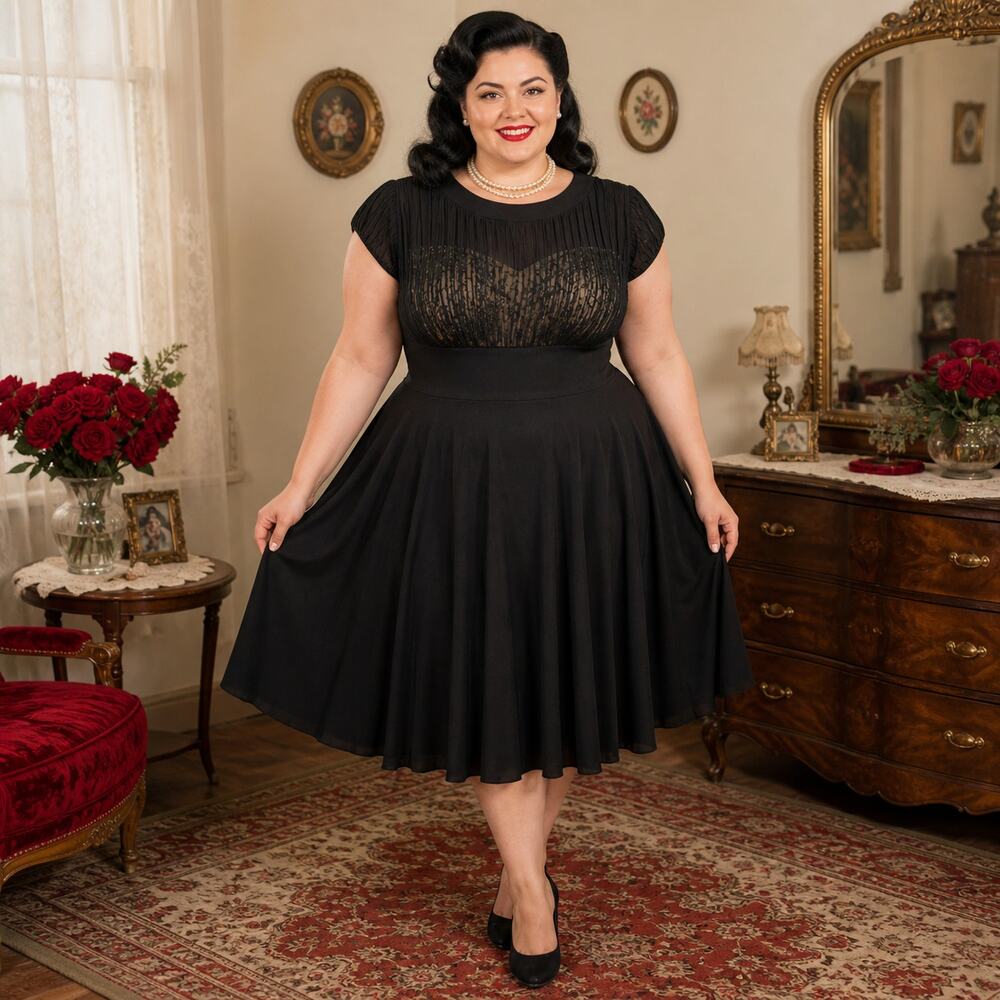 50s Vintage Black Illusion Cocktail Dress, Sweetheart Empire Waist Midi - 1X